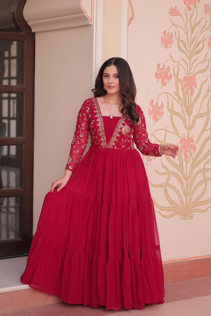Party Wear Rani Pink Color Sequins And Zari Embroidered Work Designer Gown