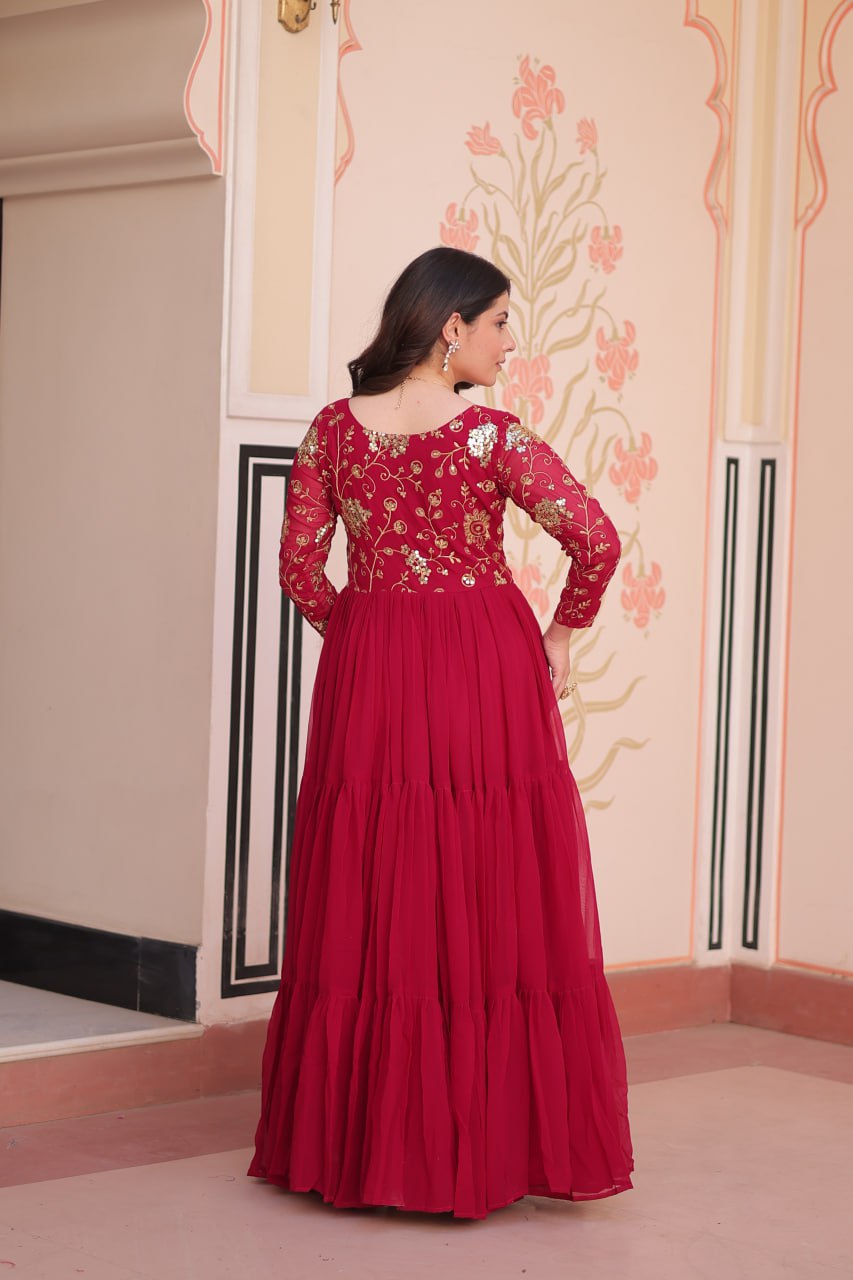 Party Wear Rani Pink Color Sequins And Zari Embroidered Work Designer Gown
