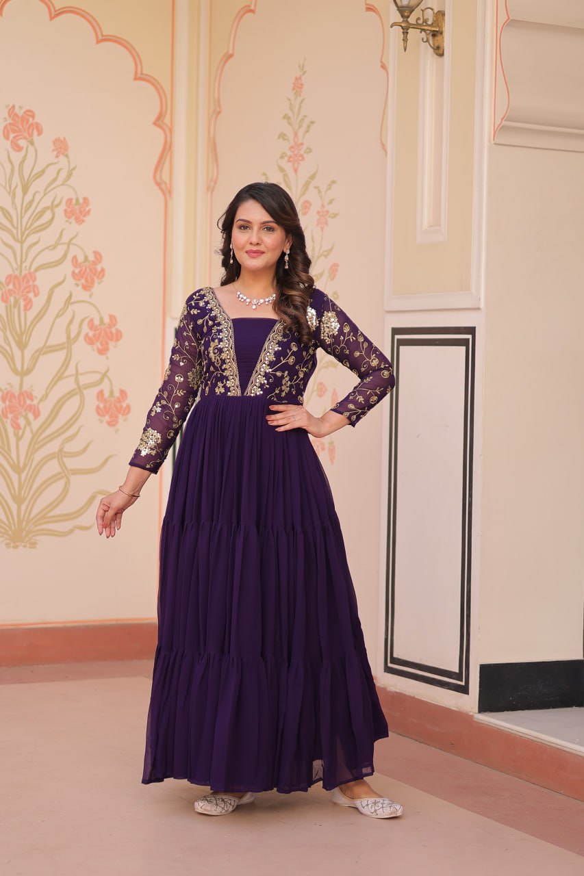 Reception Wear Purple Color Sequins And Zari Embroidered Work Designer Gown