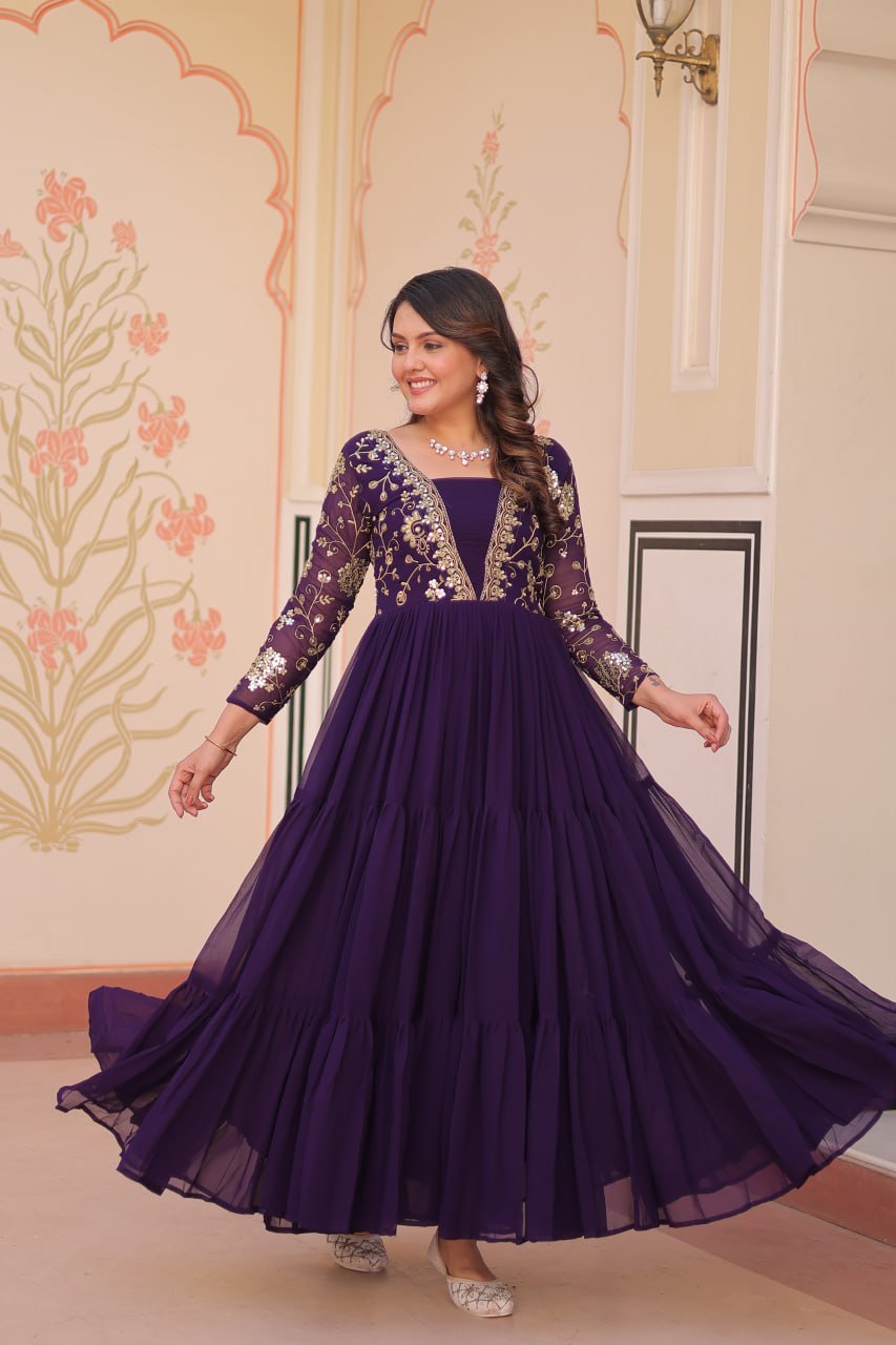 Reception Wear Purple Color Sequins And Zari Embroidered Work Designer Gown