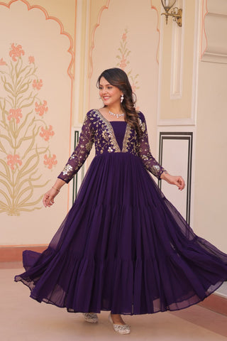 Reception Wear Purple Color Sequins And Zari Embroidered Work Designer Gown
