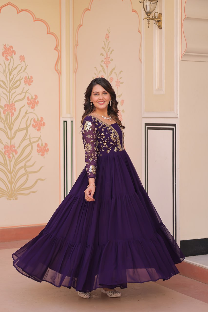Reception Wear Purple Color Sequins And Zari Embroidered Work Designer Gown