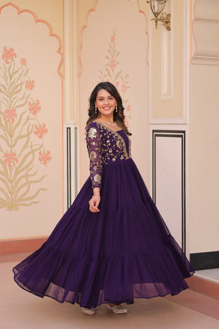 Reception Wear Purple Color Sequins And Zari Embroidered Work Designer Gown