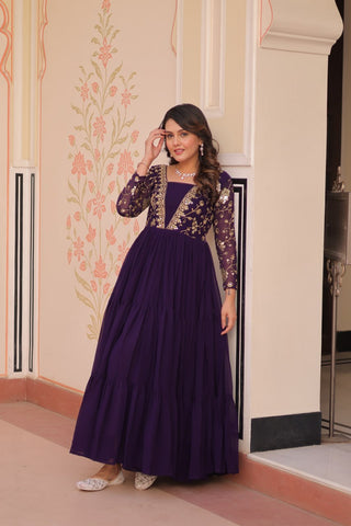 Reception Wear Purple Color Sequins And Zari Embroidered Work Designer Gown