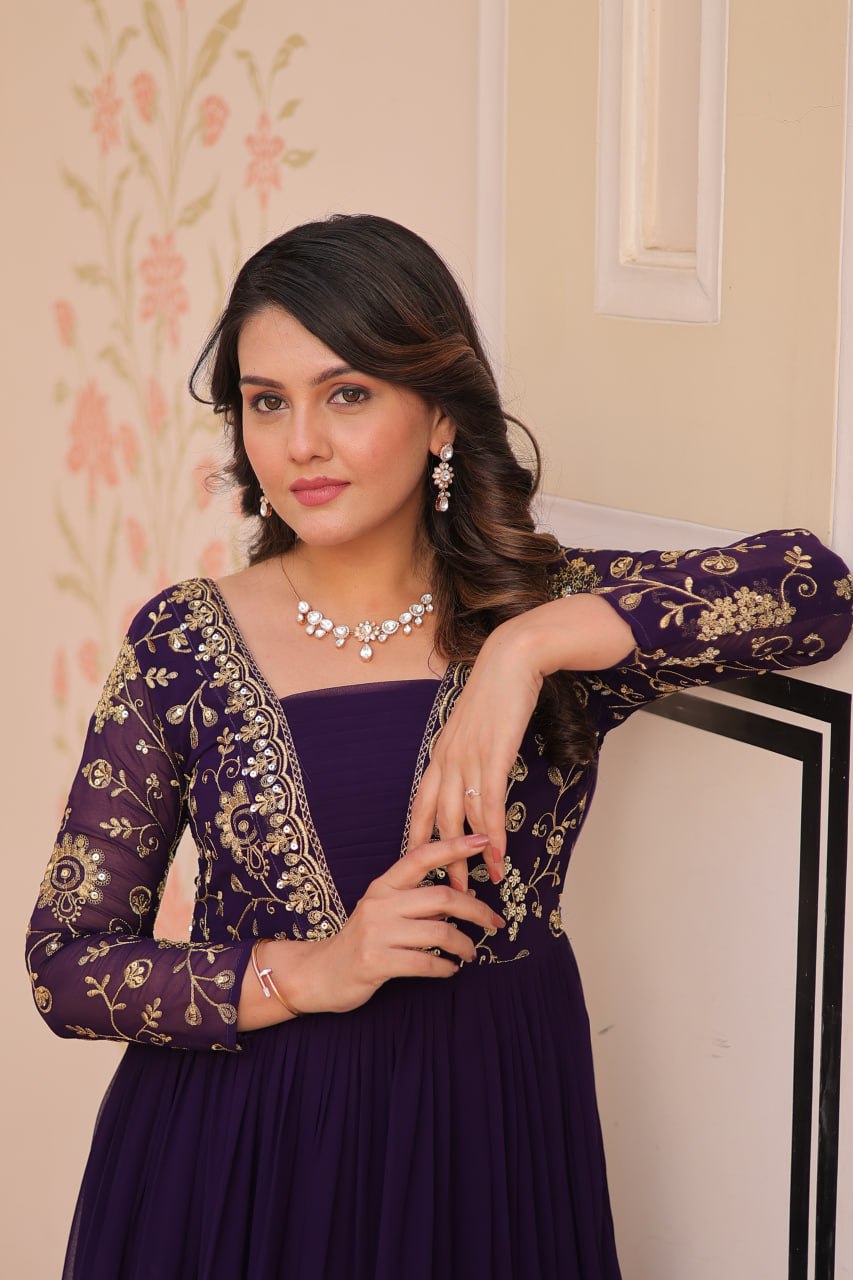 Reception Wear Purple Color Sequins And Zari Embroidered Work Designer Gown