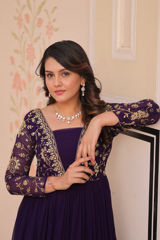 Reception Wear Purple Color Sequins And Zari Embroidered Work Designer Gown