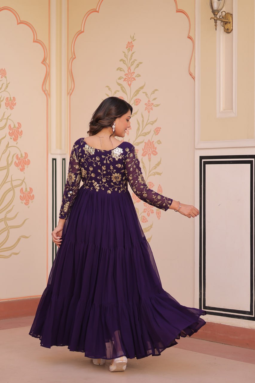 Reception Wear Purple Color Sequins And Zari Embroidered Work Designer Gown