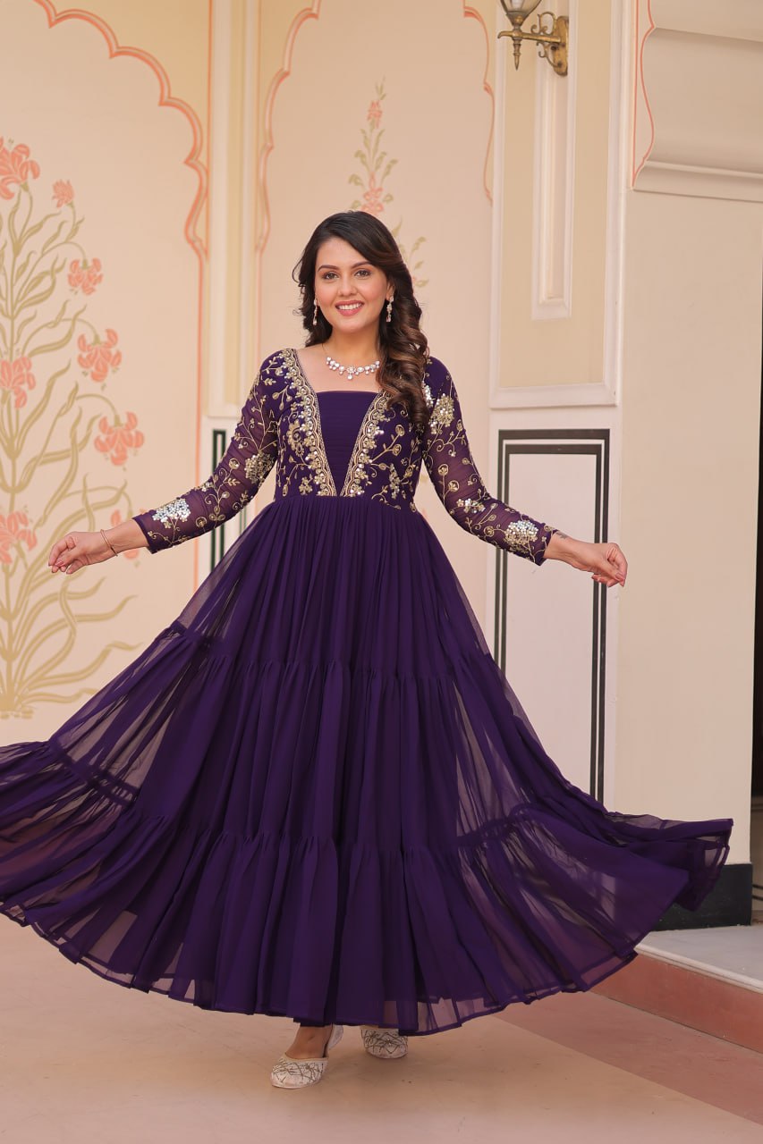 Reception Wear Purple Color Sequins And Zari Embroidered Work Designer Gown