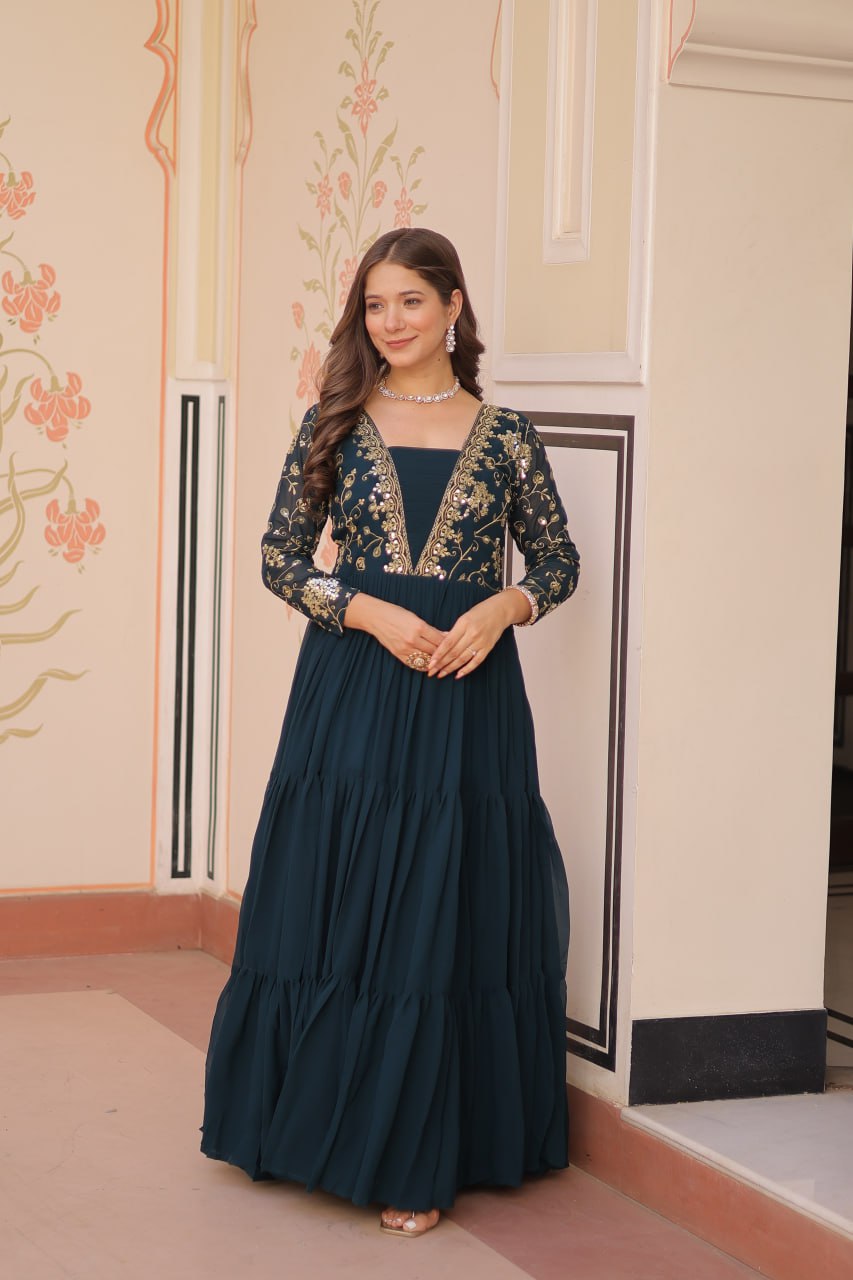 Function Wear Rama Color Sequins And Zari Embroidered Work Designer Gown