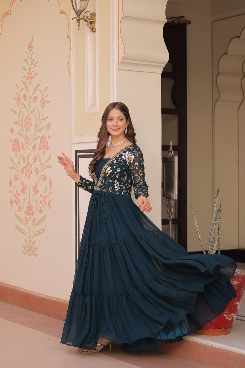 Function Wear Rama Color Sequins And Zari Embroidered Work Designer Gown