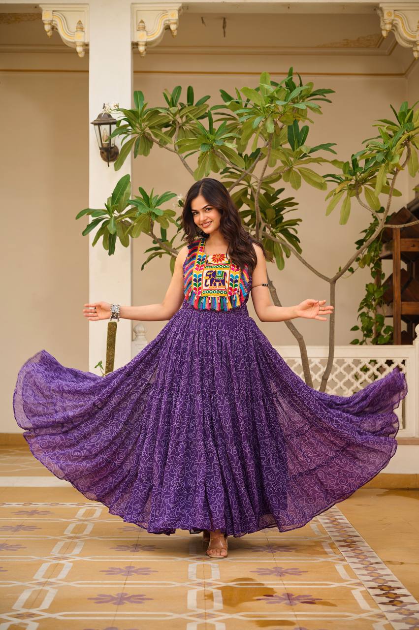 Navratri Special Purple Color Bandhani Gamathi Work Navratri Gown