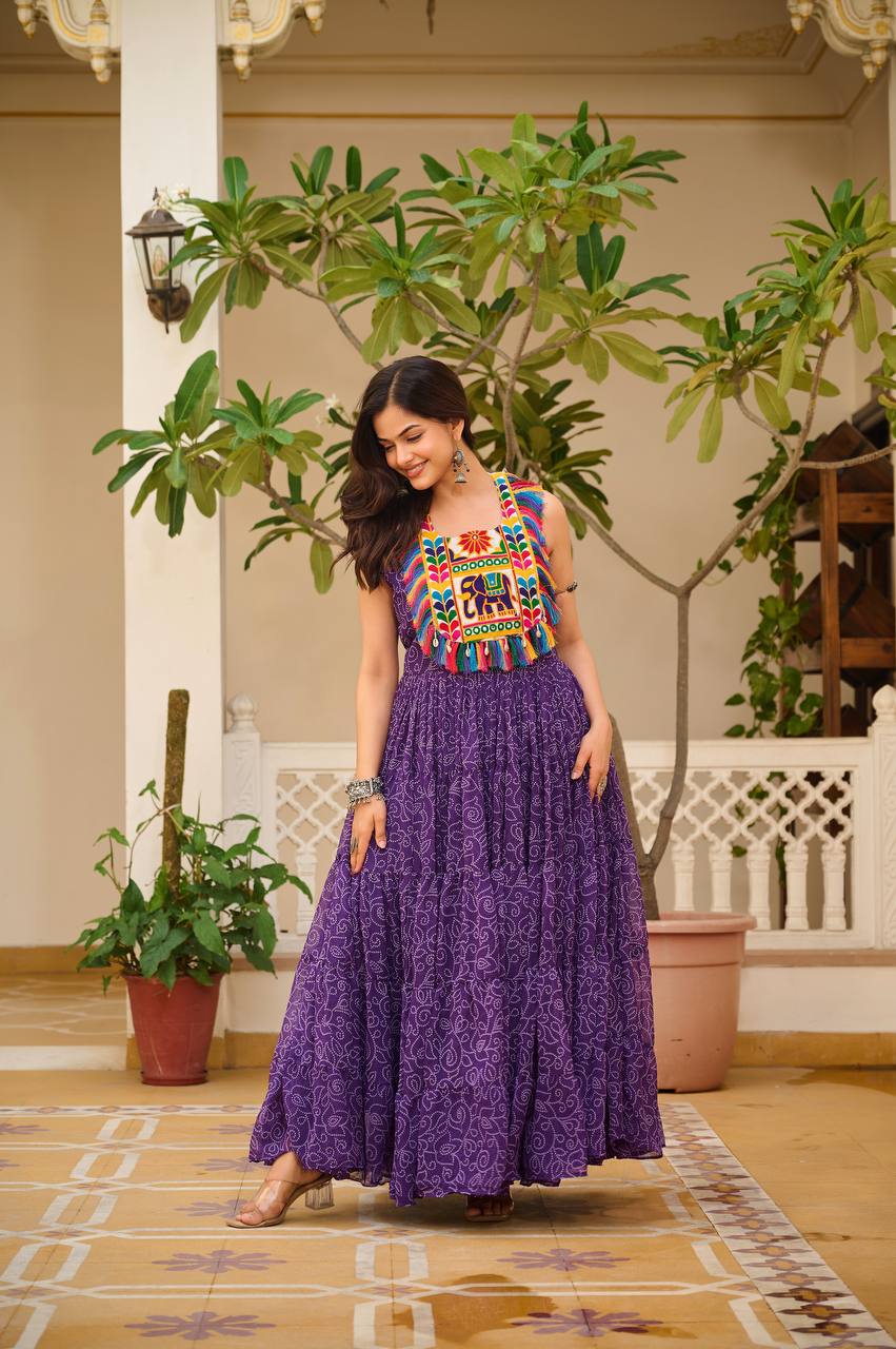 Navratri Special Purple Color Bandhani Gamathi Work Navratri Gown