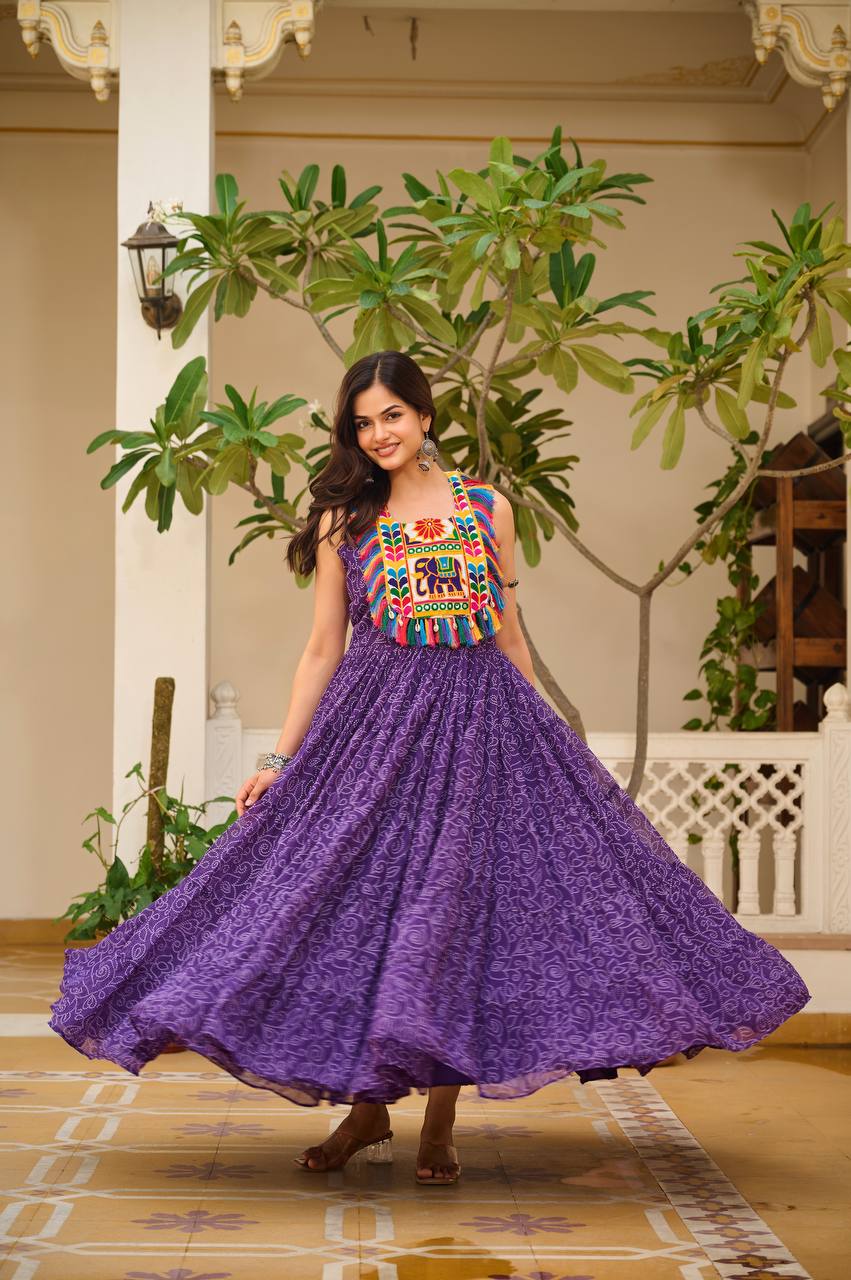 Navratri Special Purple Color Bandhani Gamathi Work Navratri Gown
