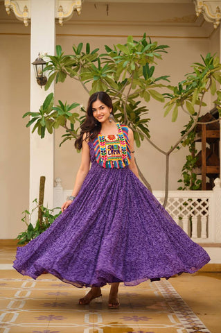 Navratri Special Purple Color Bandhani Gamathi Work Navratri Gown