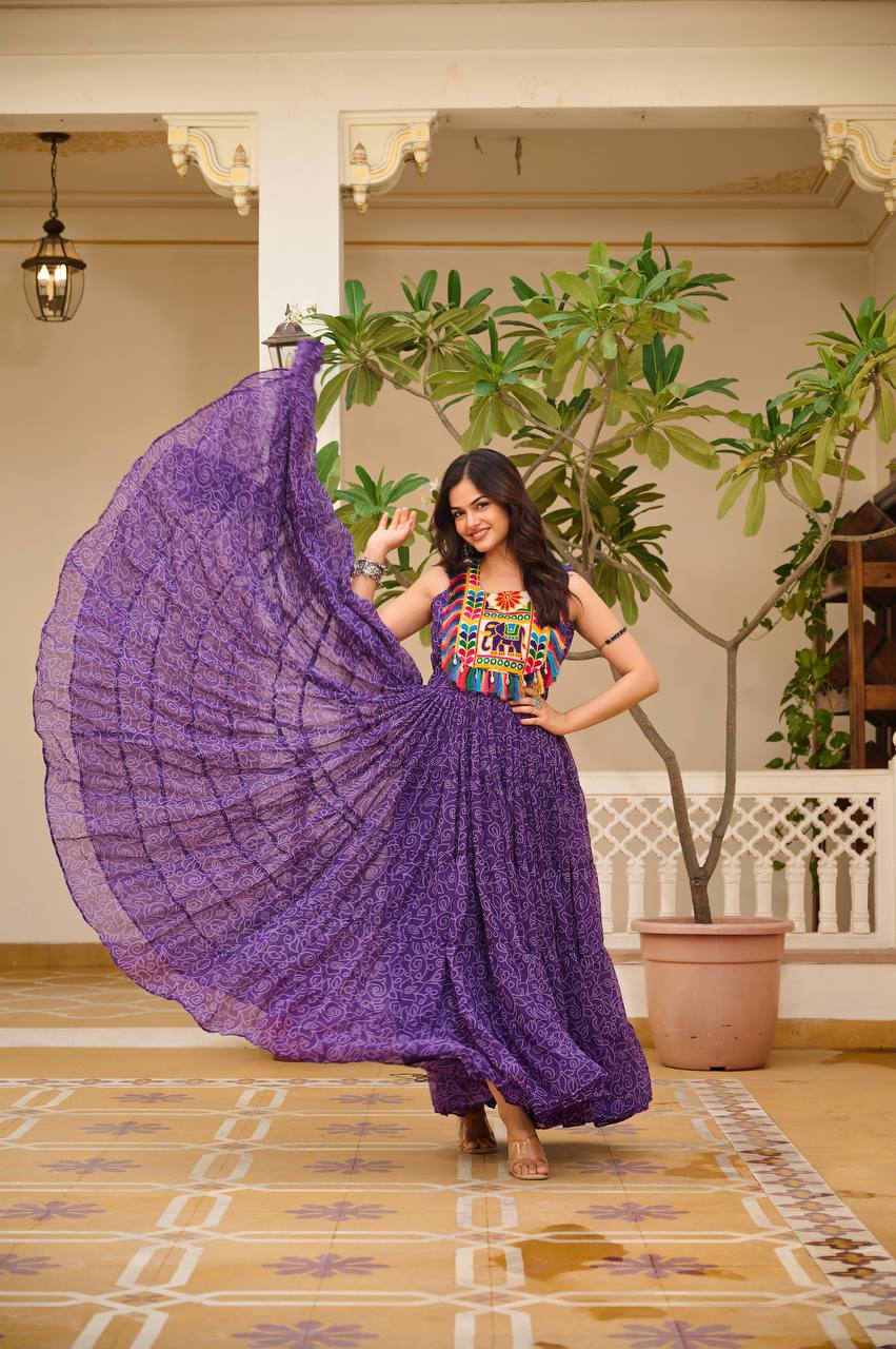 Navratri Special Purple Color Bandhani Gamathi Work Navratri Gown