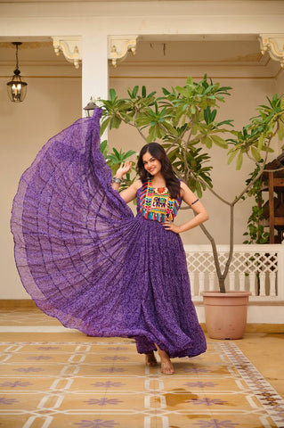 Navratri Special Purple Color Bandhani Gamathi Work Navratri Gown