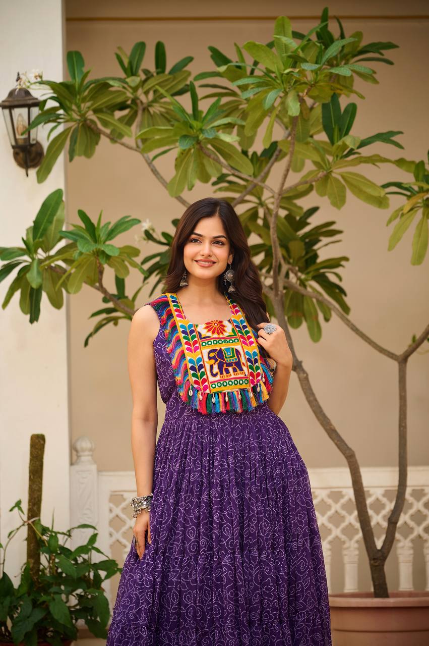 Navratri Special Purple Color Bandhani Gamathi Work Navratri Gown