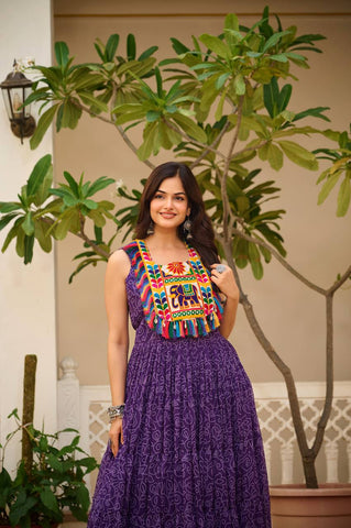 Navratri Special Purple Color Bandhani Gamathi Work Navratri Gown