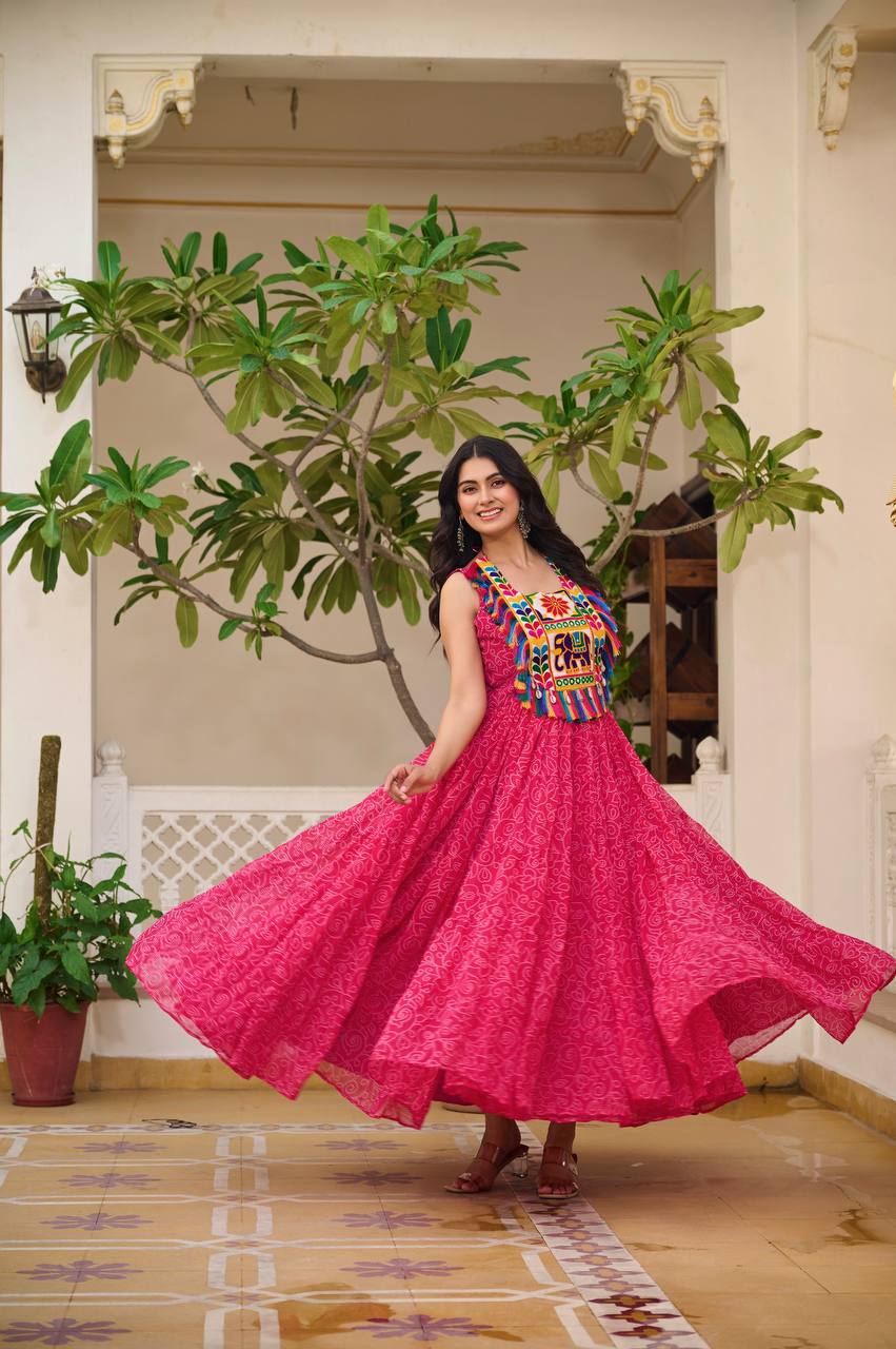 Navratri Special Pink Color Bandhani Gamathi Work Navratri Gown