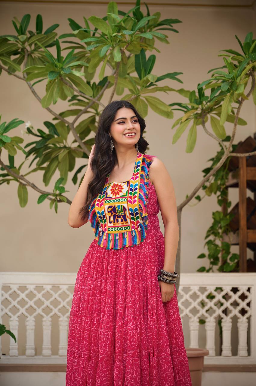 Navratri Special Pink Color Bandhani Gamathi Work Navratri Gown