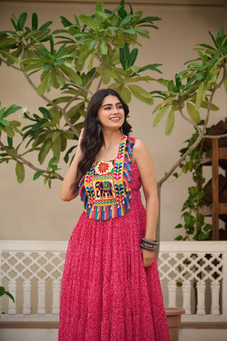 Navratri Special Pink Color Bandhani Gamathi Work Navratri Gown