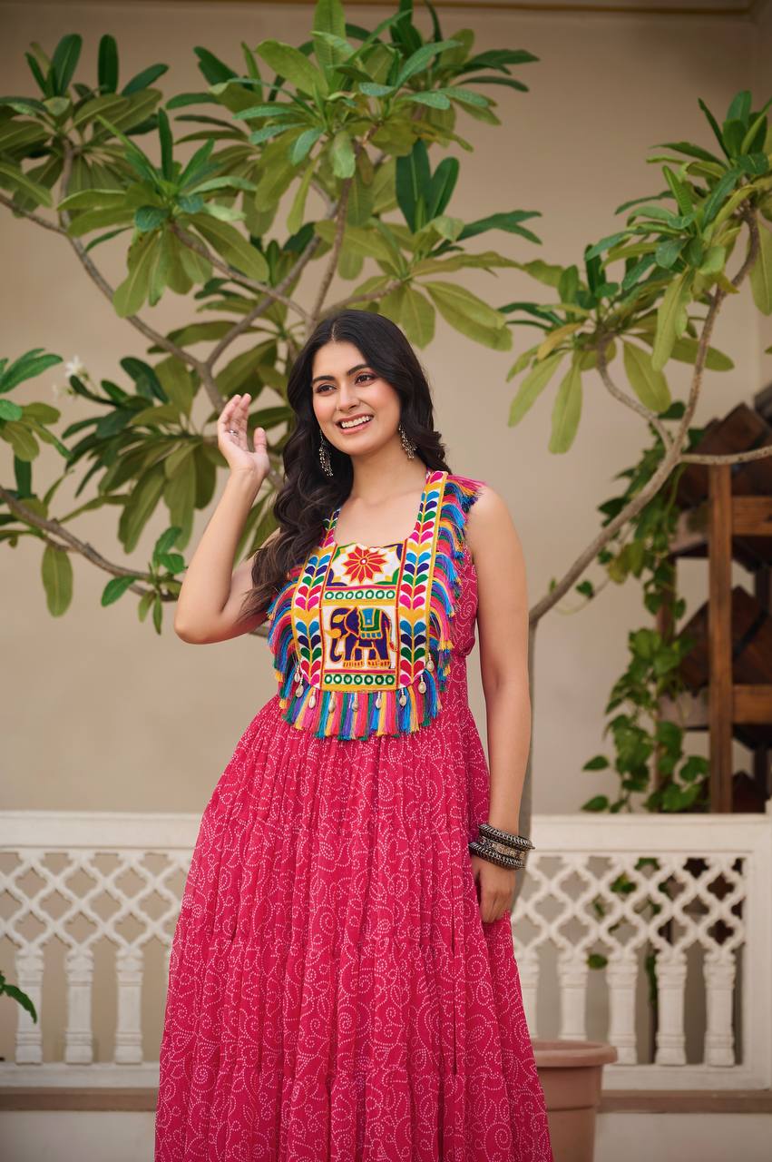 Navratri Special Pink Color Bandhani Gamathi Work Navratri Gown