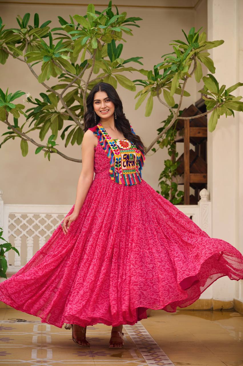 Navratri Special Pink Color Bandhani Gamathi Work Navratri Gown