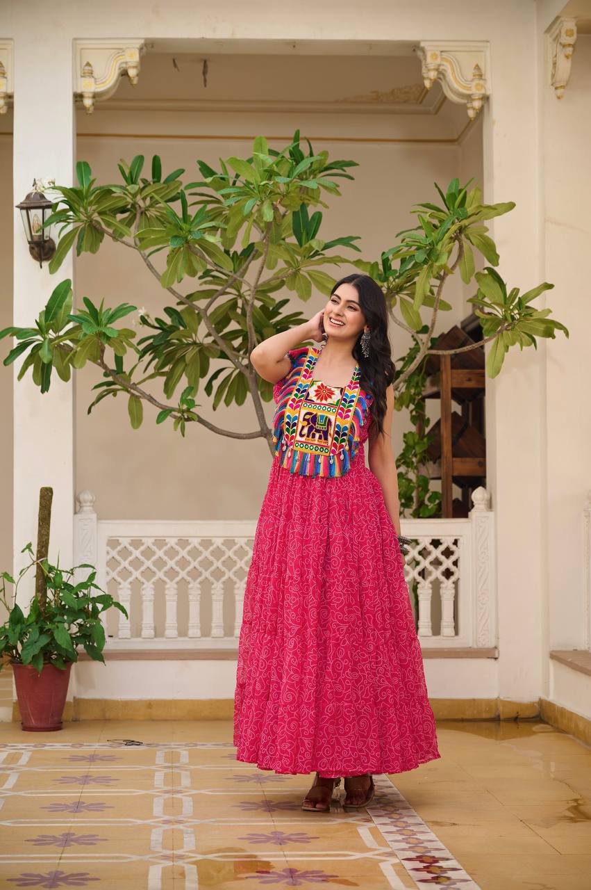 Navratri Special Pink Color Bandhani Gamathi Work Navratri Gown