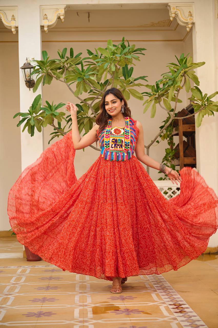 Navratri Special Red Color Bandhani Gamathi Work Navratri Gown