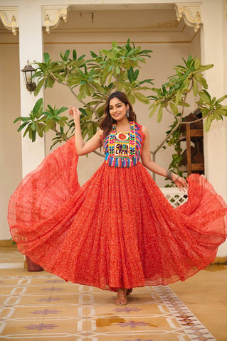 Navratri Special Red Color Bandhani Gamathi Work Navratri Gown