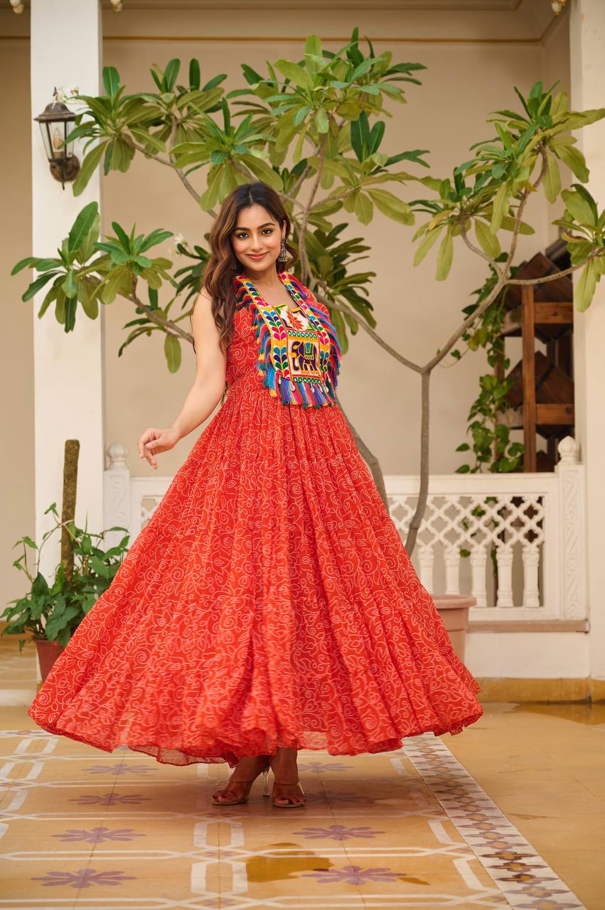 Navratri Special Red Color Bandhani Gamathi Work Navratri Gown