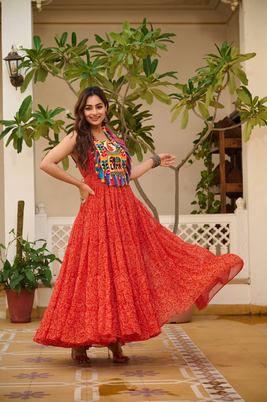 Navratri Special Red Color Bandhani Gamathi Work Navratri Gown
