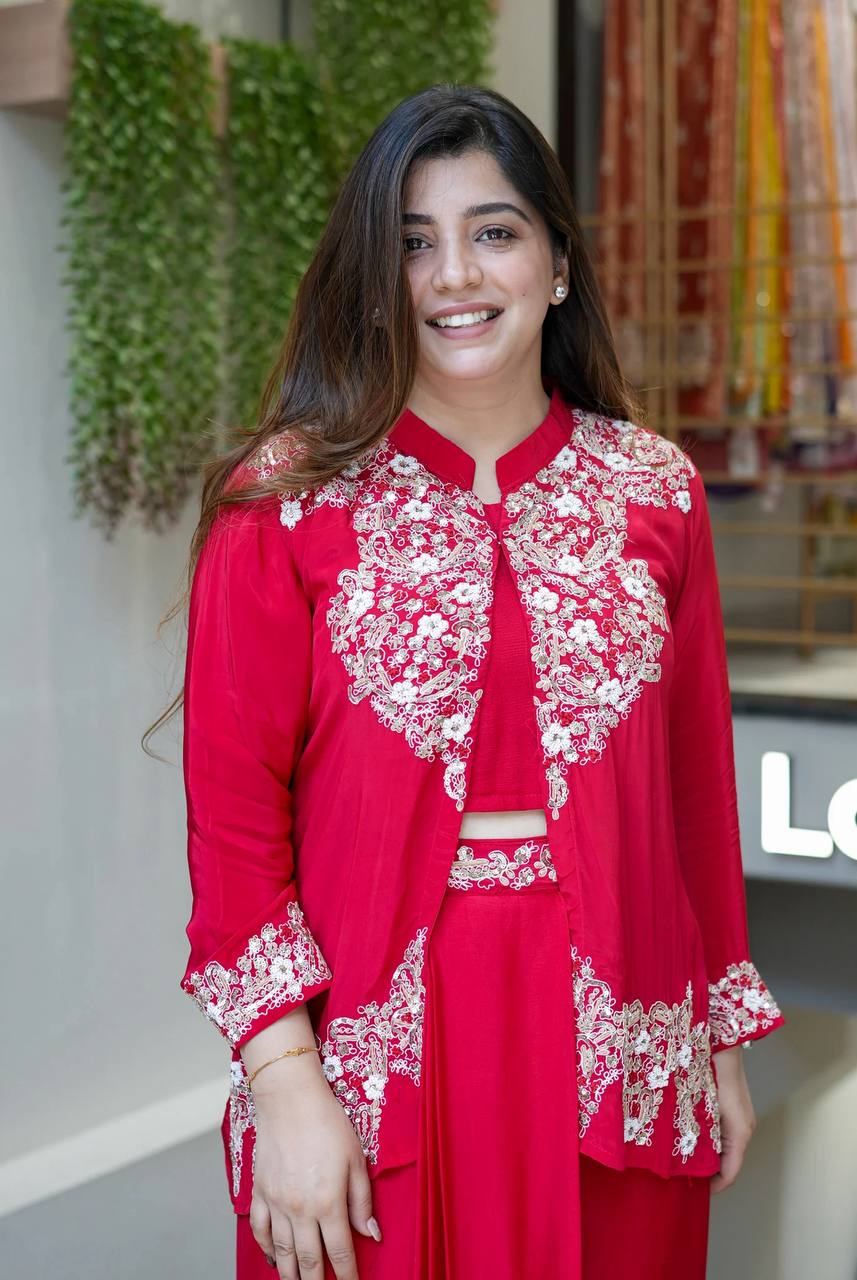 Red Color Silk Fully Stitched Party Wear Dhoti Suit With Koti