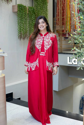 Red Color Silk Fully Stitched Party Wear Dhoti Suit With Koti