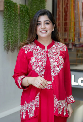 Red Color Silk Fully Stitched Party Wear Dhoti Suit With Koti