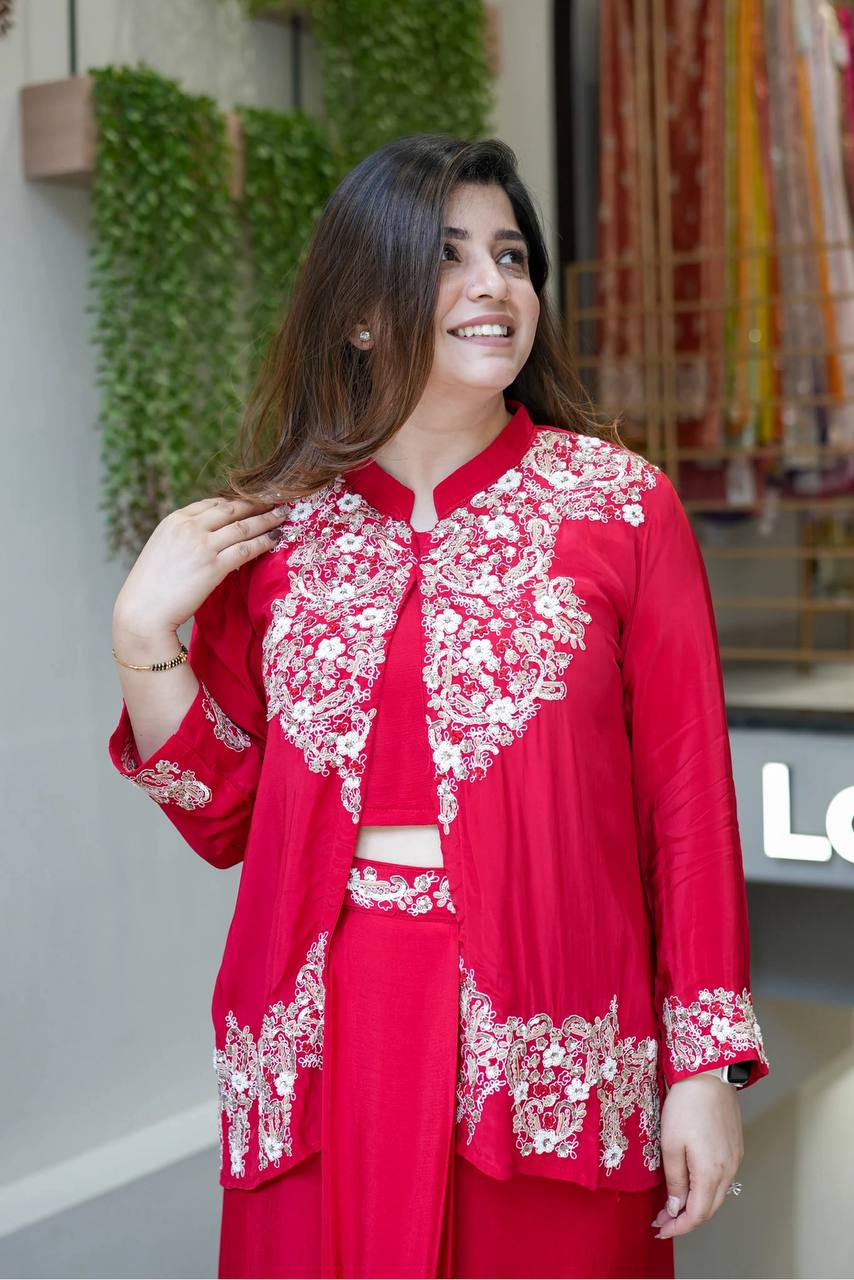 Red Color Silk Fully Stitched Party Wear Dhoti Suit With Koti