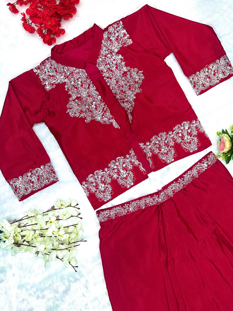 Red Color Silk Fully Stitched Party Wear Dhoti Suit With Koti