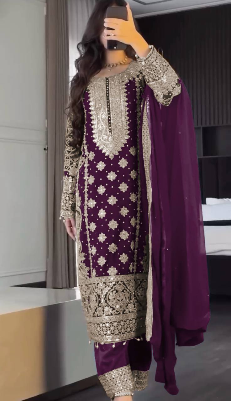 Reception Wear Wine Color Embroidery Sequence Work Designer Salwar Suit