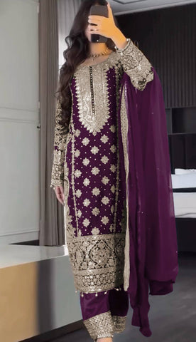 Reception Wear Wine Color Embroidery Sequence Work Designer Salwar Suit