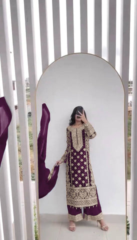 Reception Wear Wine Color Embroidery Sequence Work Designer Salwar Suit