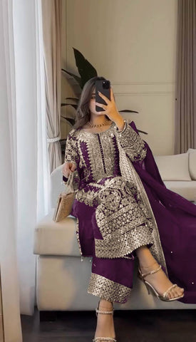 Reception Wear Wine Color Embroidery Sequence Work Designer Salwar Suit