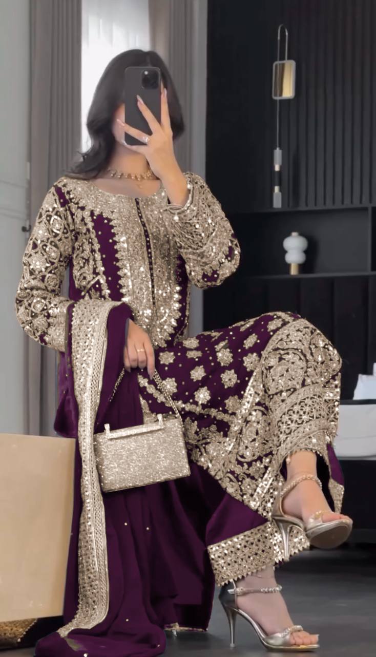 Reception Wear Wine Color Embroidery Sequence Work Designer Salwar Suit