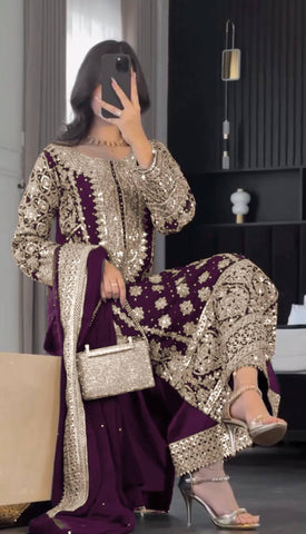 Reception Wear Wine Color Embroidery Sequence Work Designer Salwar Suit
