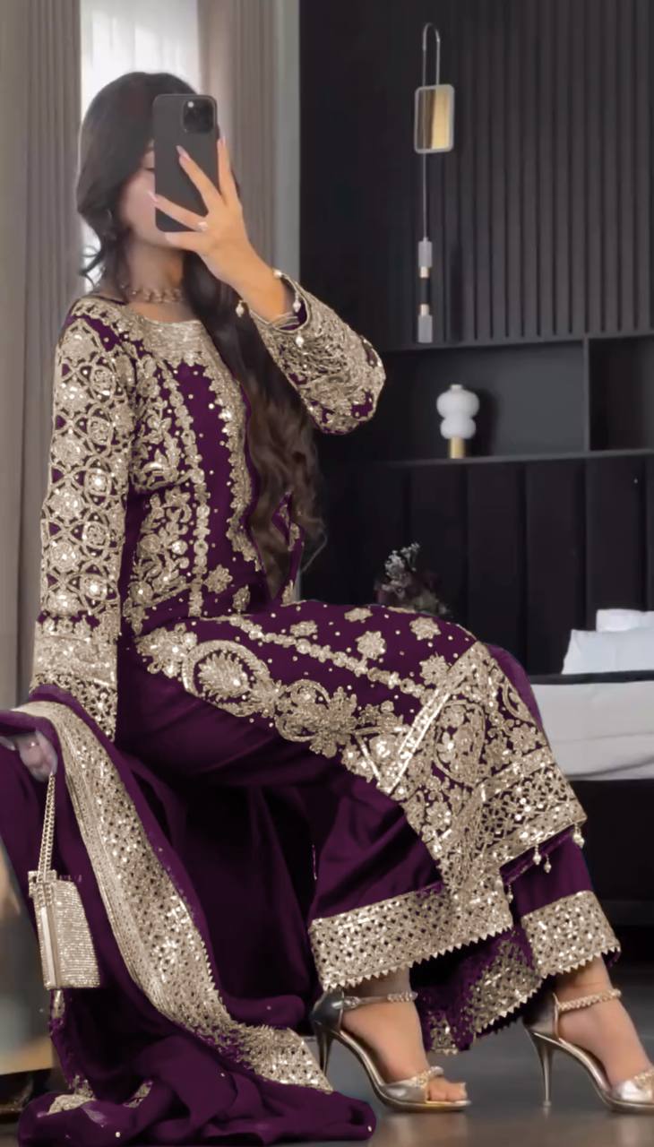 Reception Wear Wine Color Embroidery Sequence Work Designer Salwar Suit