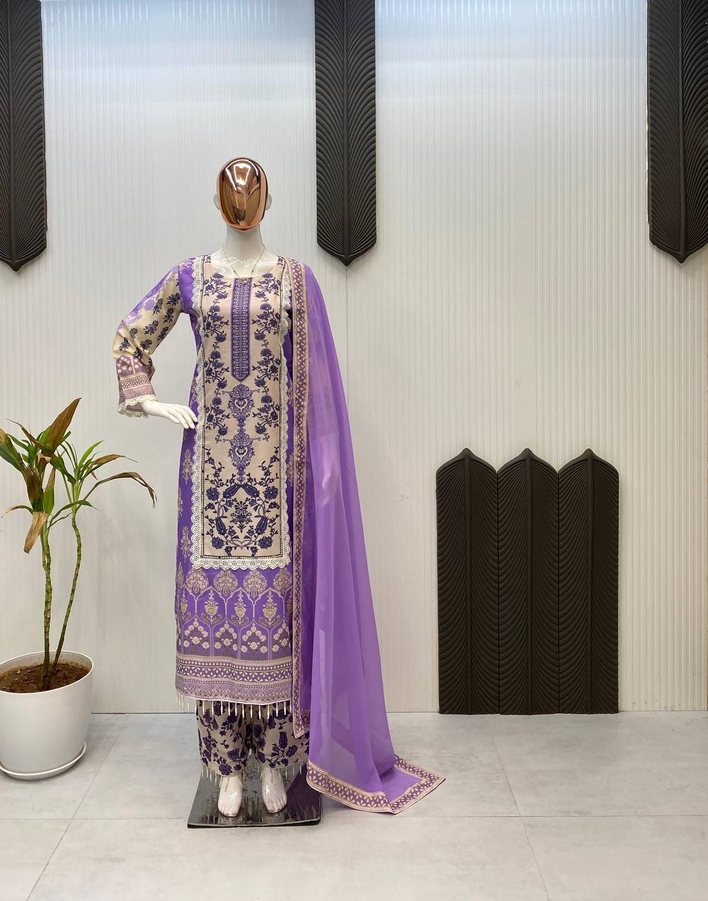 Beautiful Lavender Color Real Mirror And Diamond Work Designer Salwar Suit