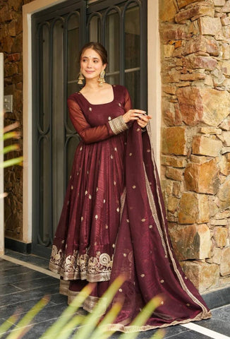 Party Wear Maroon Color Embroidery With Sequin Work Beautiful Anarkali Suit