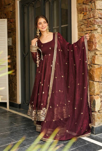 Party Wear Maroon Color Embroidery With Sequin Work Beautiful Anarkali Suit