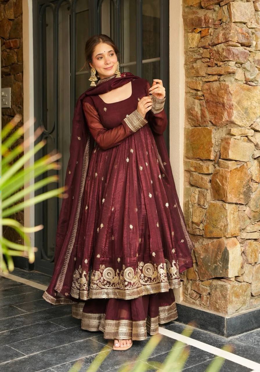 Party Wear Maroon Color Embroidery With Sequin Work Beautiful Anarkali Suit