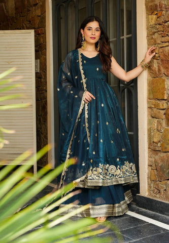 Festival Wear Teal Color Embroidery With Sequin Work Beautiful Anarkali Suit