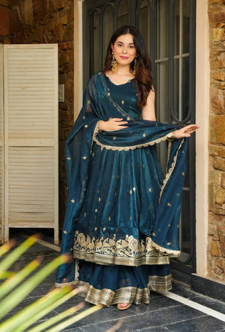 Festival Wear Teal Color Embroidery With Sequin Work Beautiful Anarkali Suit